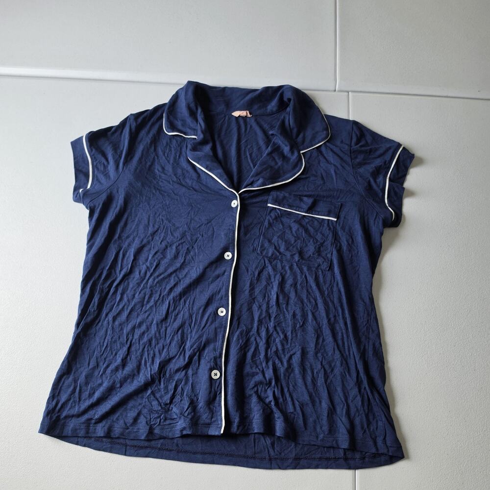 Eberjey Pajama Top Womens Large Blue Modal Jersey Button Up Short Sleeve Piping